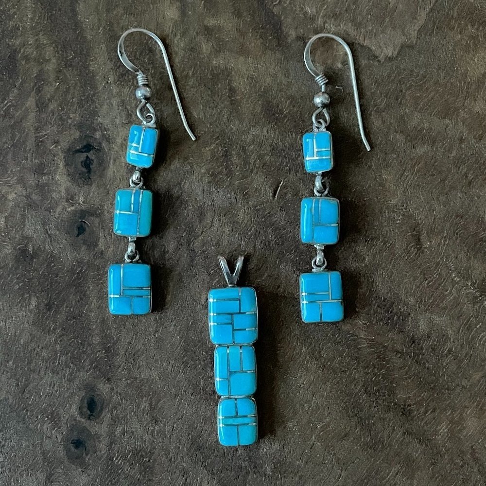 Vintage Navajo Sterling Silver Sky Blue Turquoise Inlay Necklace Set Signed